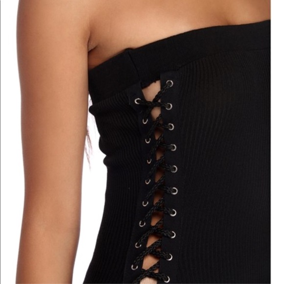 Black Lace up Side ribbed strapless tube dress - Picture 4 of 6